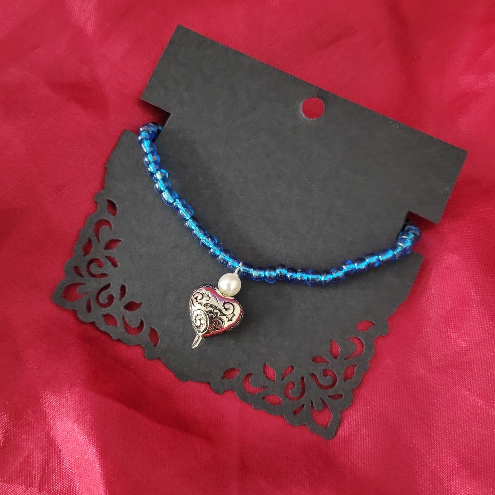 Blue Beaded Heart Pendant Necklace